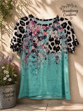 Floral Teal Raglan Top with Leopard Accents